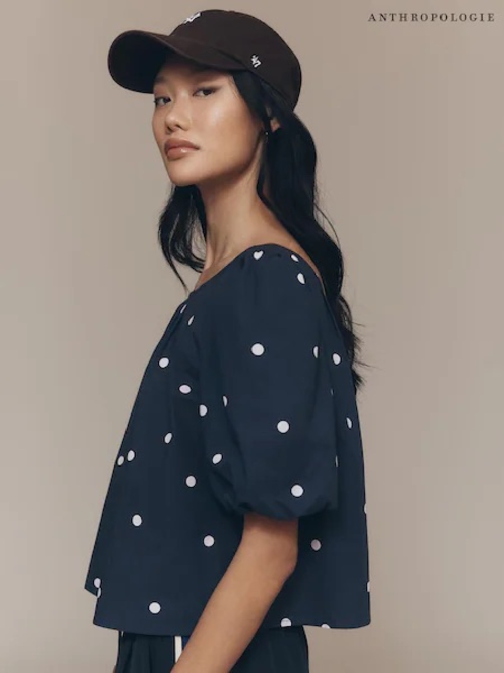 Maeve Anthro Navy Polka Dot Puff Sleeve Blouse Small Cottagecore Romantic Preppy